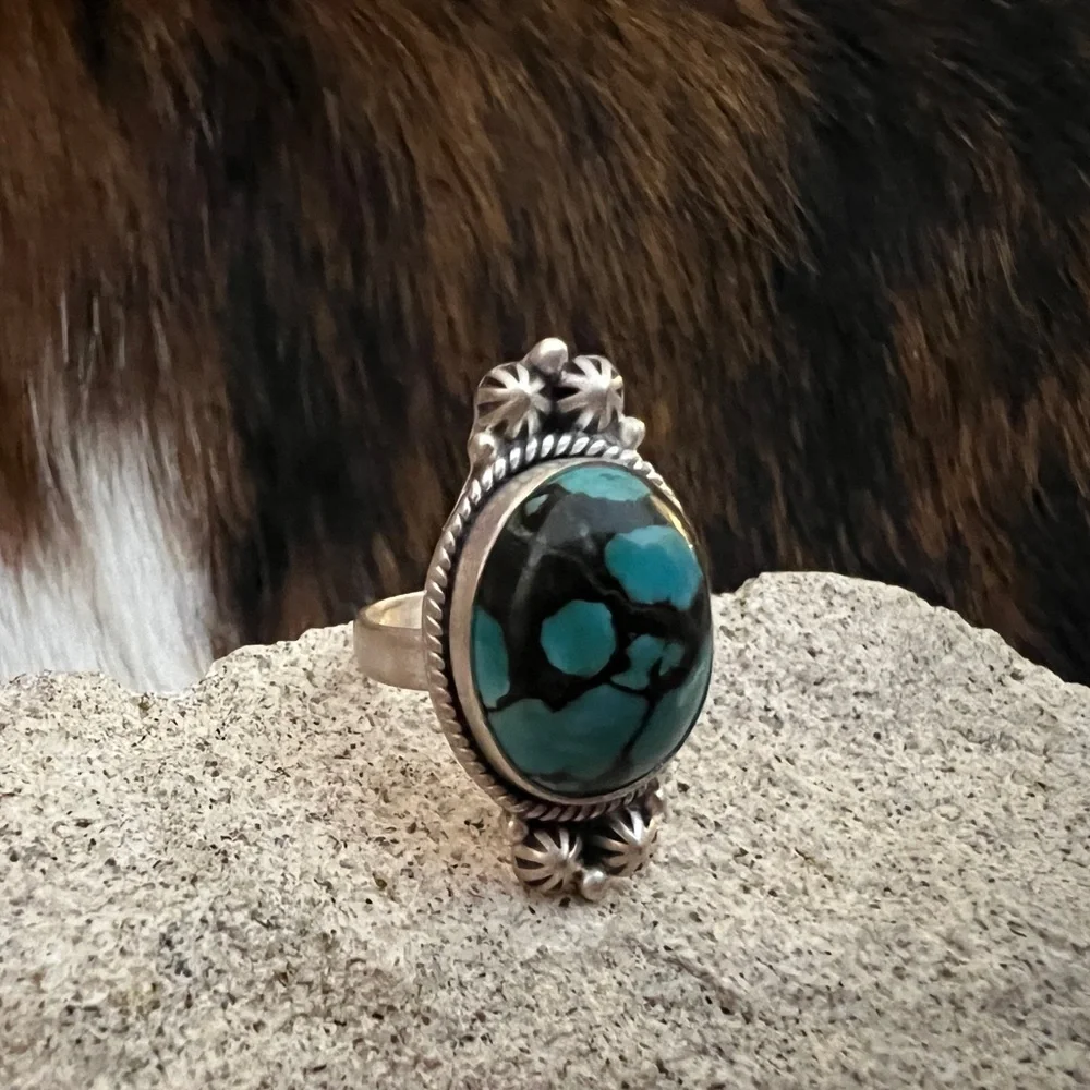 ❤️ Hubei Turquoise Navajo Style Spiderweb Decorative ADJ Oval Matte 925 Ring - Picture 5 of 14